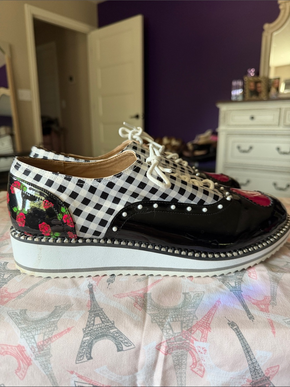 Betsey Johnson Black & White Gingham Flats with Pink Heart Accent - Picture 2 of 6
